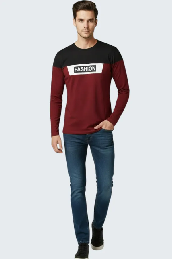 Maroon_Printed_Round_Neck_Full_Sleeve_Cotton-Polyester_Blend_T-Shirt_For_Men