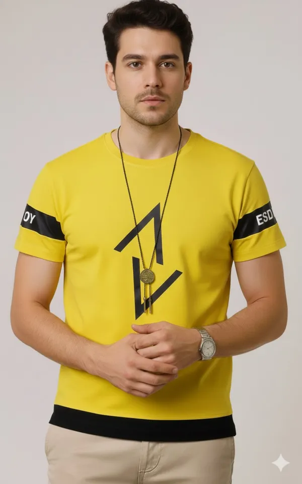 Mustard_Printed_Round_Neck_Loose_Fit_Cotton-Polyester_Blend__T-Shirt_For_Men