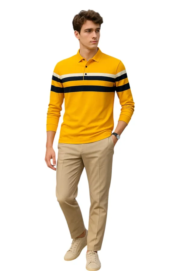 Mustard_Polo_Collar_Full_Sleeve_Cotton-Polyester_Blend_T-Shirt_For_Men