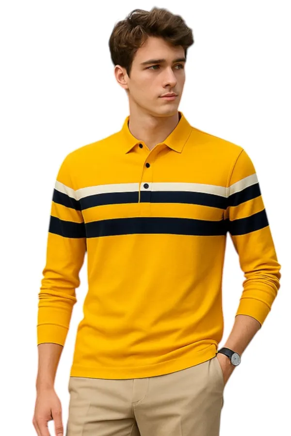 Mustard_Polo_Collar_Full_Sleeve_Cotton-Polyester_Blend_T-Shirt_For_Men