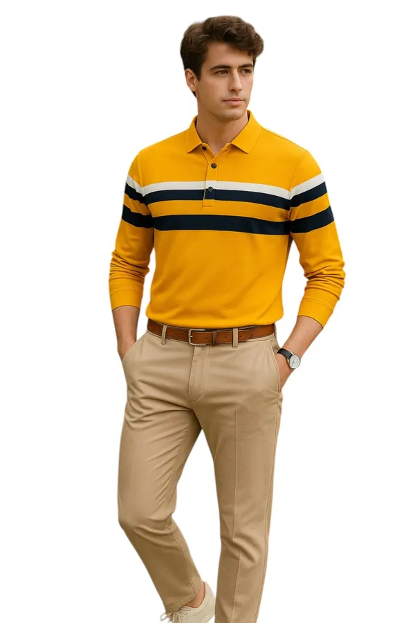 Mustard_Polo_Collar_Full_Sleeve_Cotton-Polyester_Blend_T-Shirt_For_Men