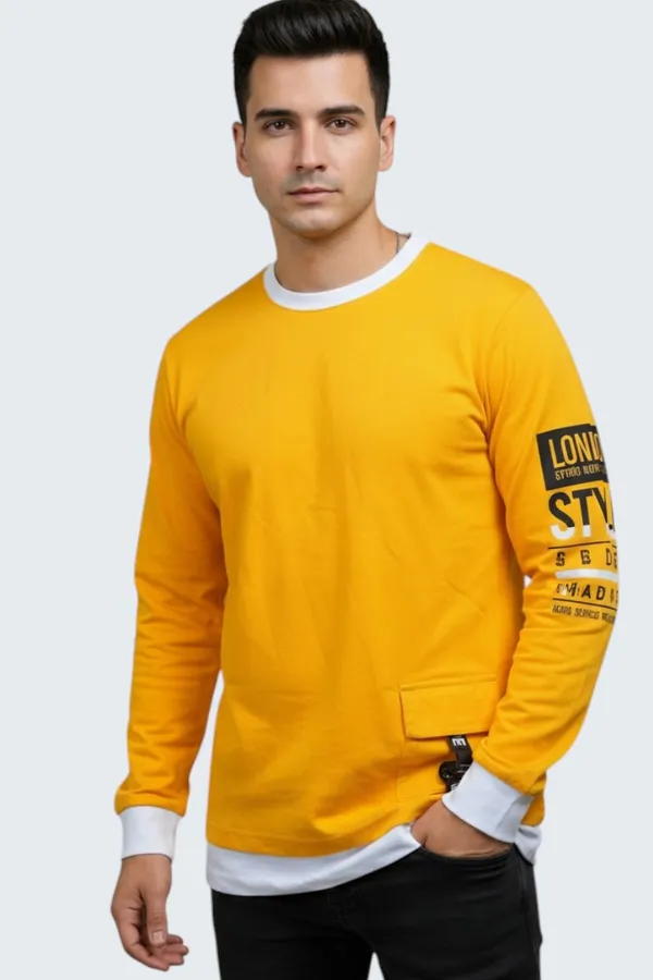 Mustard_Printed_Round_Neck_Full_Sleeve_Cotton-Polyester_Blend_T-Shirt_For_Men
