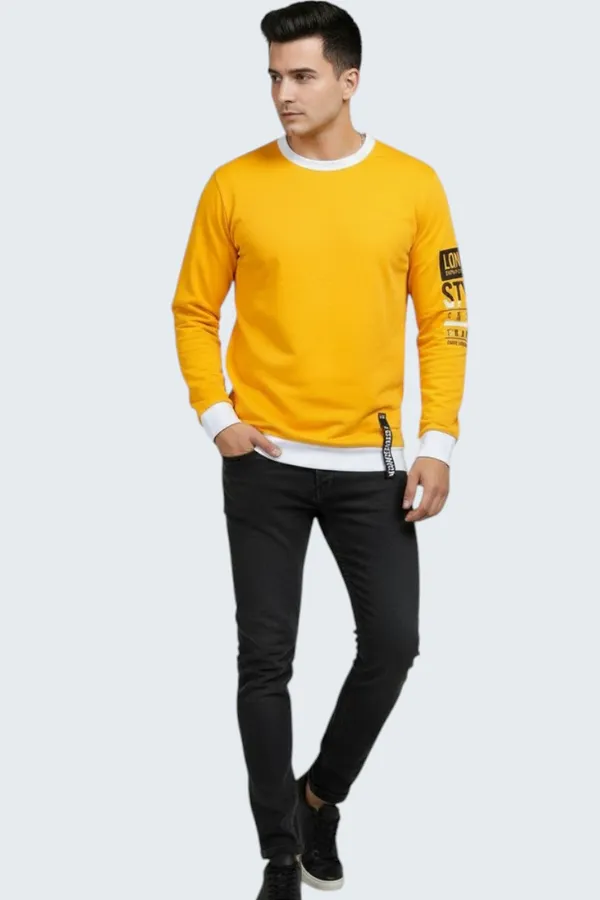 Mustard_Printed_Round_Neck_Full_Sleeve_Cotton-Polyester_Blend_T-Shirt_For_Men