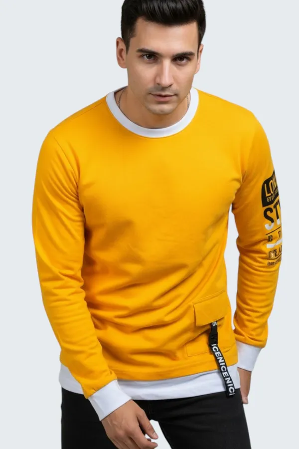Mustard_Printed_Round_Neck_Full_Sleeve_Cotton-Polyester_Blend_T-Shirt_For_Men