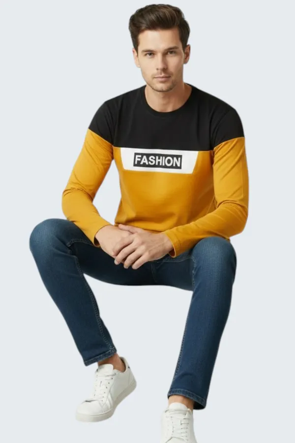 Mustard_Printed_Round_Neck_Full_Sleeve_Cotton-Polyester_Blend_T-Shirt_For_Men