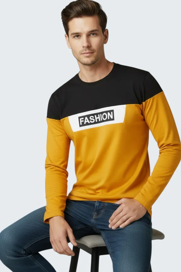 Mustard_Printed_Round_Neck_Full_Sleeve_Cotton-Polyester_Blend_T-Shirt_For_Men