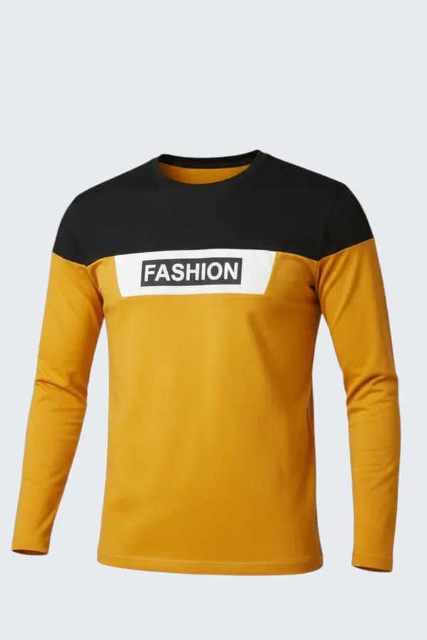 Mustard_Printed_Round_Neck_Full_Sleeve_Cotton-Polyester_Blend_T-Shirt_For_Men