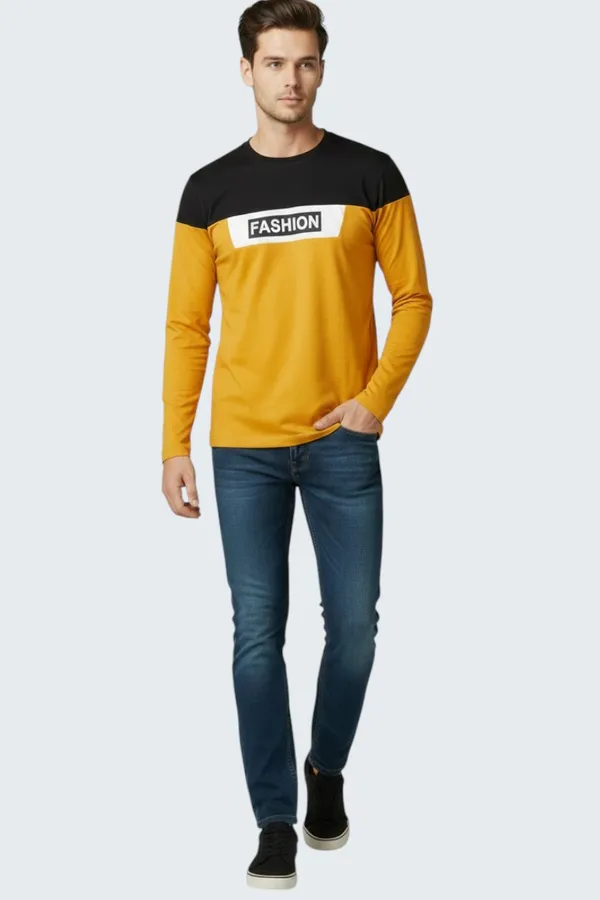 Mustard_Printed_Round_Neck_Full_Sleeve_Cotton-Polyester_Blend_T-Shirt_For_Men
