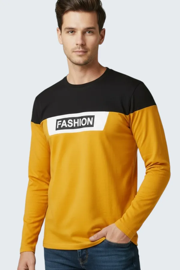 Mustard_Printed_Round_Neck_Full_Sleeve_Cotton-Polyester_Blend_T-Shirt_For_Men