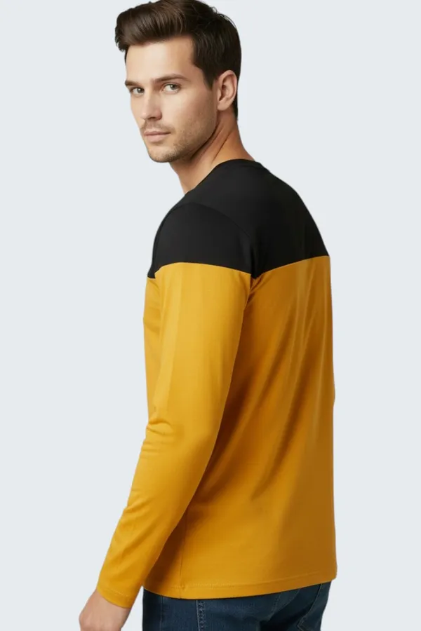 Mustard_Printed_Round_Neck_Full_Sleeve_Cotton-Polyester_Blend_T-Shirt_For_Men