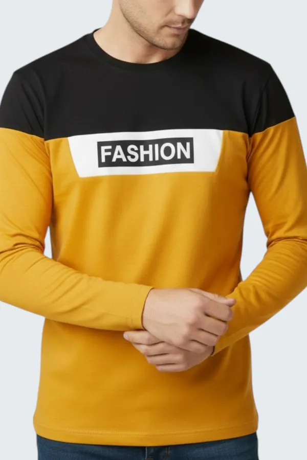 Mustard_Printed_Round_Neck_Full_Sleeve_Cotton-Polyester_Blend_T-Shirt_For_Men