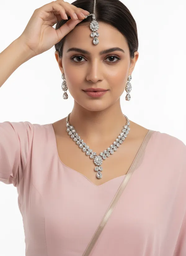 White_Premium_Alloy_Necklace,_Earrings_&_Maang_Tikka_Set_For_Women