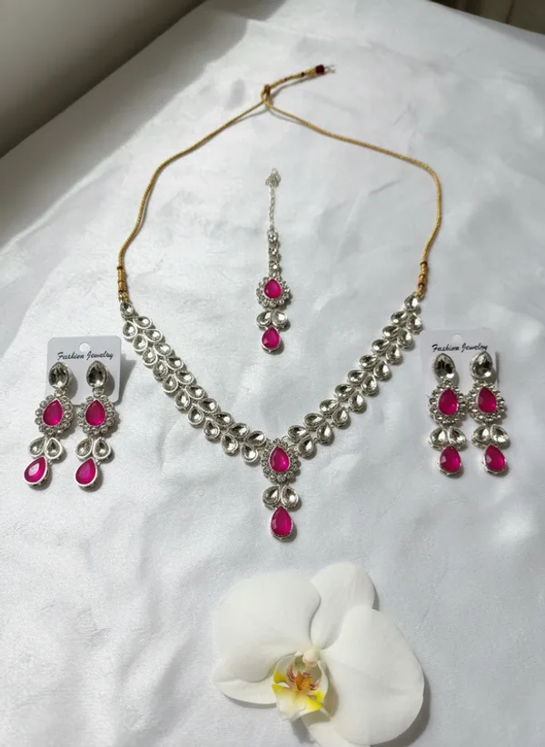 White_&_Pink_Premium_Alloy_Necklace,_Earrings_&_Maang_Tikka_Set_For_Women