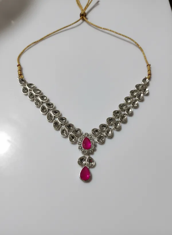 White_&_Pink_Premium_Alloy_Necklace,_Earrings_&_Maang_Tikka_Set_For_Women