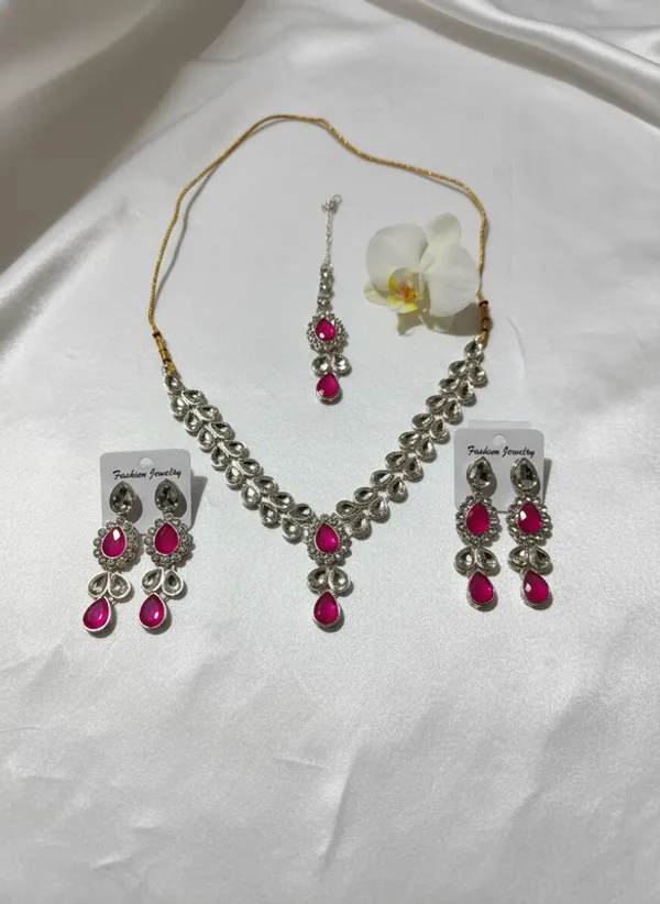 White_&_Pink_Premium_Alloy_Necklace,_Earrings_&_Maang_Tikka_Set_For_Women