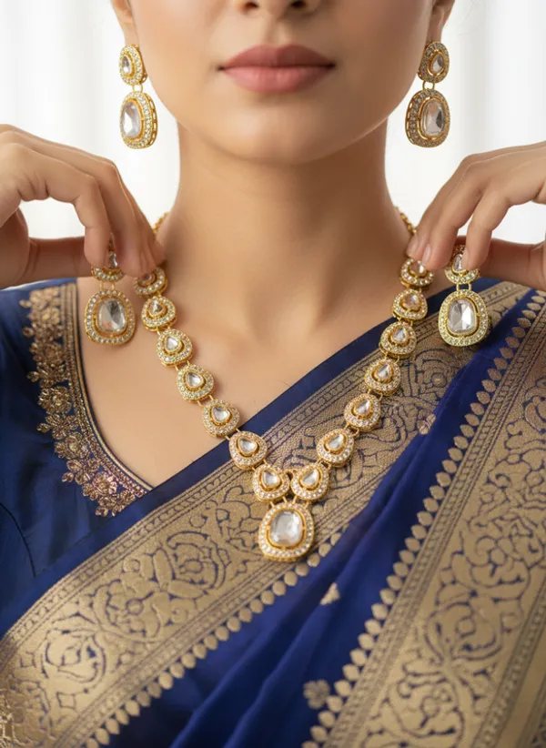 White_Premium_Alloy_Necklace,_Earrings_&_Maang_Tikka_Set_For_Women