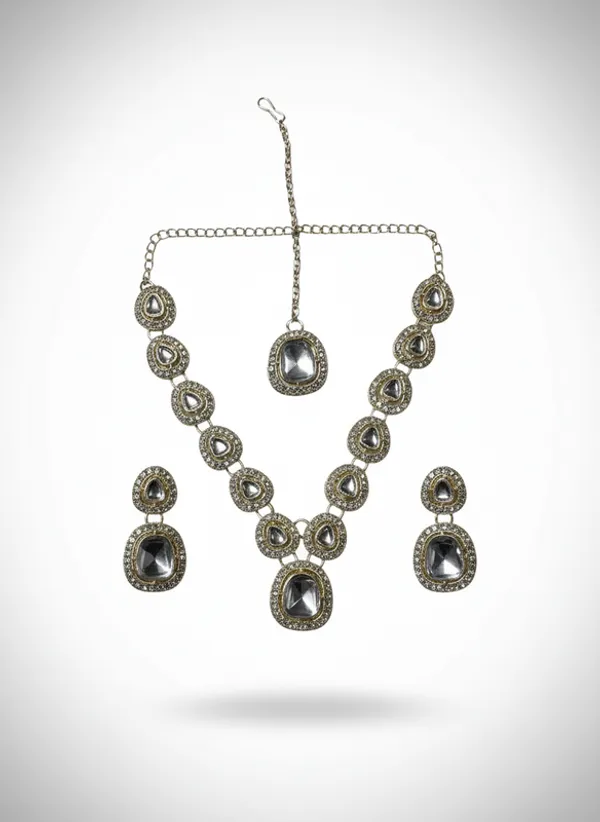 White_Premium_Alloy_Necklace,_Earrings_&_Maang_Tikka_Set_For_Women