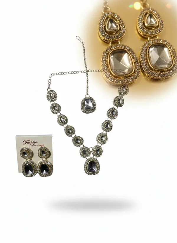 White_Premium_Alloy_Necklace,_Earrings_&_Maang_Tikka_Set_For_Women