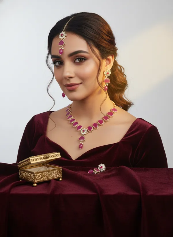 Pink_Premium_Alloy_Necklace,_Earrings_&_Maang_Tikka_Set_For_Women
