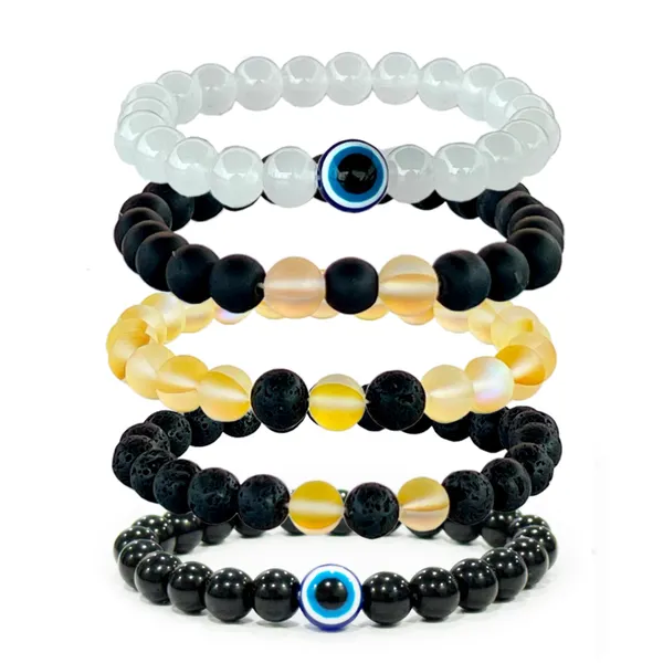Multicolor_Amplify_&_Rejuvenation_Your_Energy_Harmonious_With_Set_Of_5_Bead_Bracelets_Featuring_Yellow_Aura,_Lava,_Black_Onyx,_White_Evil_Eye,_And_Black_Evil_Eye_Bracelets