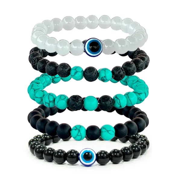 Multicolor_Harmony_In_Green_Howlite_Turquoise_Polished_Stone_Bracelet_With_Black_Onyx_And_Lava_Beads,_Bonus_2_Evil_Eye_Bracelets