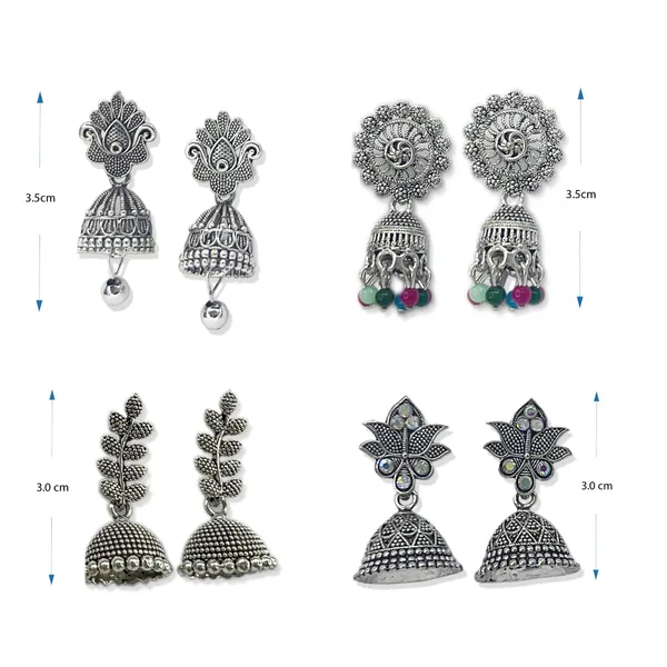 Oxidised_Silver_Elegant_Oxidized_Jhumka_Earring_Combo_Of_4_Pairs_:_Stylish_Silver_Ethnic_Jhumki_Earrings_For_Women_And_Girls