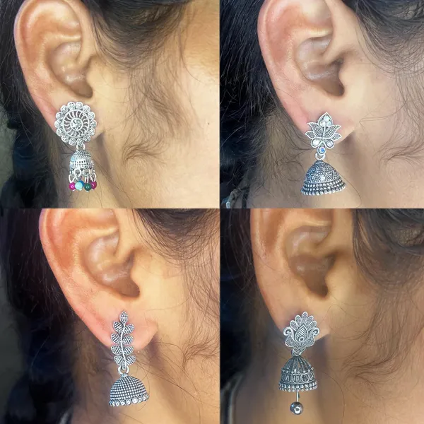 Oxidised_Silver_Elegant_Oxidized_Jhumka_Earring_Combo_Of_4_Pairs_:_Stylish_Silver_Ethnic_Jhumki_Earrings_For_Women_And_Girls