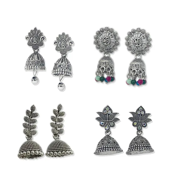 Oxidised_Silver_Elegant_Oxidized_Jhumka_Earring_Combo_Of_4_Pairs_:_Stylish_Silver_Ethnic_Jhumki_Earrings_For_Women_And_Girls