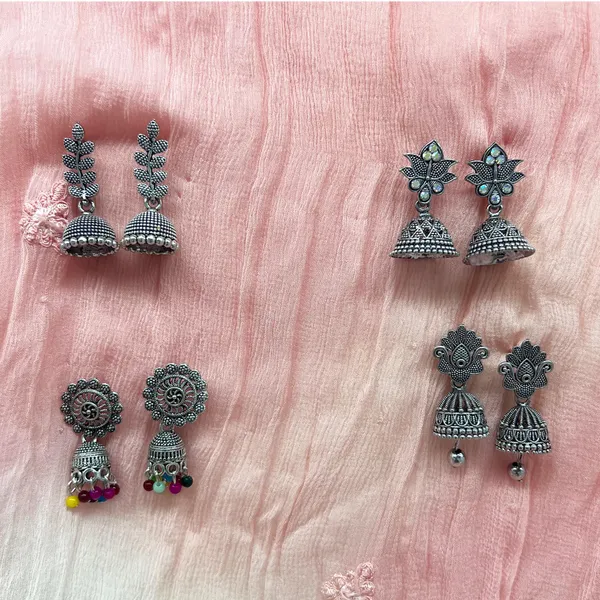 Oxidised_Silver_Elegant_Oxidized_Jhumka_Earring_Combo_Of_4_Pairs_:_Stylish_Silver_Ethnic_Jhumki_Earrings_For_Women_And_Girls