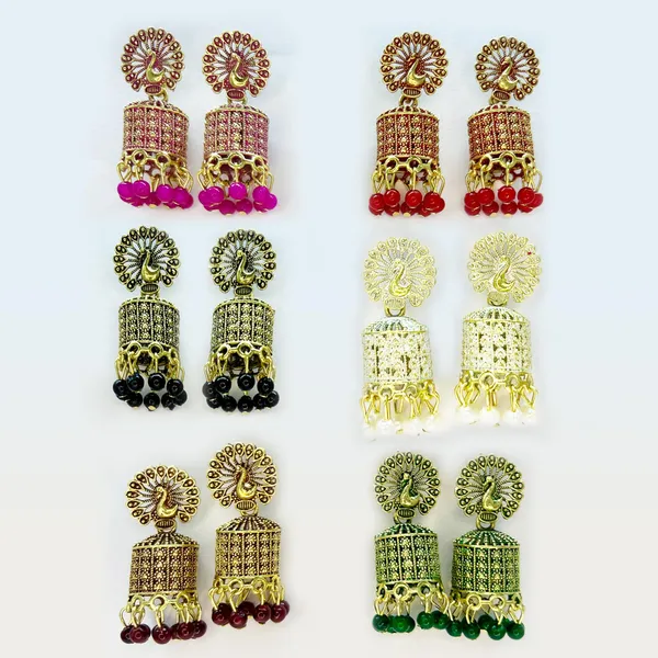 Dual_Toned_Color_Ethnic_Stylish_Trendy_Jhumki_Combo_Set_-_6_Peacock-Inspired_Dual_Toned_Colored_Jhumkas_With_Beads_For_Women_And_Girls