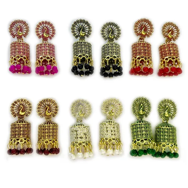 Dual_Toned_Color_Ethnic_Stylish_Trendy_Jhumki_Combo_Set_-_6_Peacock-Inspired_Dual_Toned_Colored_Jhumkas_With_Beads_For_Women_And_Girls