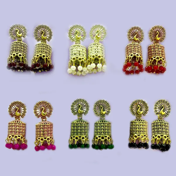 Dual_Toned_Color_Ethnic_Stylish_Trendy_Jhumki_Combo_Set_-_6_Peacock-Inspired_Dual_Toned_Colored_Jhumkas_With_Beads_For_Women_And_Girls