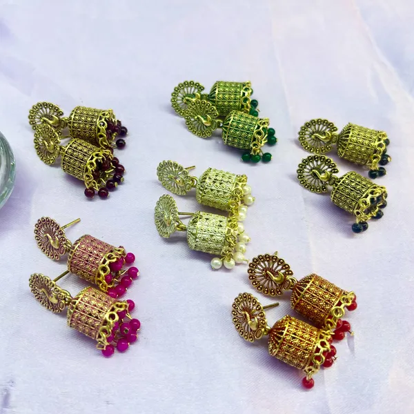 Dual_Toned_Color_Ethnic_Stylish_Trendy_Jhumki_Combo_Set_-_6_Peacock-Inspired_Dual_Toned_Colored_Jhumkas_With_Beads_For_Women_And_Girls
