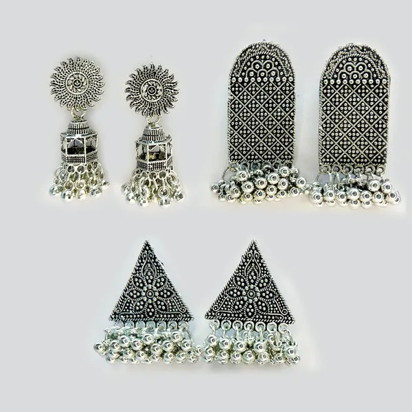 Oxidised_Silver_The_Exquisite_3_Oxidized_Jhumkis_Combo_Comprising_Surya_With_Temple_Dome,_Rectangular_&_Triangular_Shaped_Turkish_Bohemian_Geometric_Jhumkas