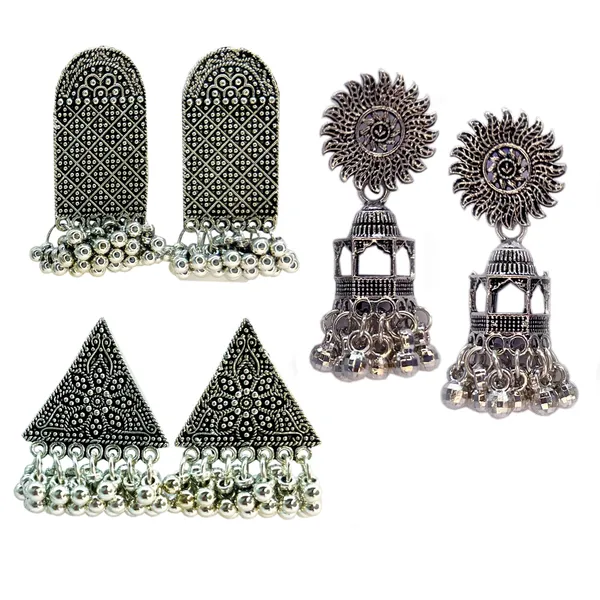 Oxidised_Silver_The_Exquisite_3_Oxidized_Jhumkis_Combo_Comprising_Surya_With_Temple_Dome,_Rectangular_&_Triangular_Shaped_Turkish_Bohemian_Geometric_Jhumkas