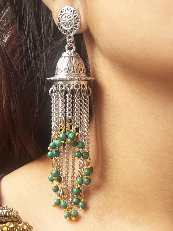 Green_Bold_And_Beautiful:_Long_Oxidized_Tassel_Jhumka_Earrings_With_Pretty_Multicolor_Options_-_Versatile_Elegance_For_All_Kind_Of_Wears
