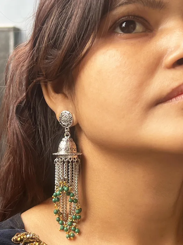 Green_Bold_And_Beautiful:_Long_Oxidized_Tassel_Jhumka_Earrings_With_Pretty_Multicolor_Options_-_Versatile_Elegance_For_All_Kind_Of_Wears