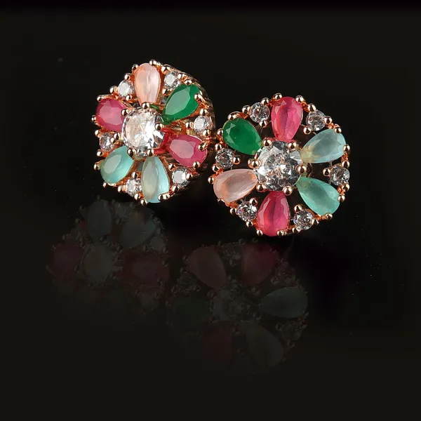 White_Elegant_Rose_Gold_Floral_Ear_Studs_With_Pastel_Pink,_Green,_&_Blue_Stones_Crafted_With_Radiance_Of_Ad_Stones_For_Women_And_Girls
