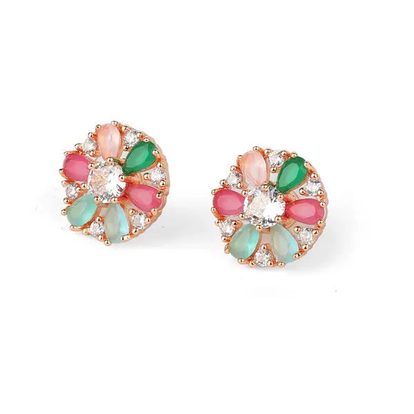 White_Elegant_Rose_Gold_Floral_Ear_Studs_With_Pastel_Pink,_Green,_&_Blue_Stones_Crafted_With_Radiance_Of_Ad_Stones_For_Women_And_Girls