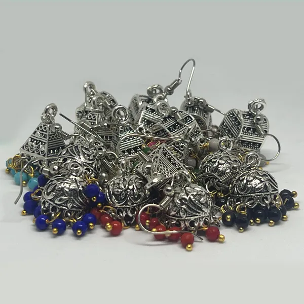 Oxidised_Silver_Traditional_Handmade_Jhumki_Combos_Nine_Pair_In_Nine_Different_Colors_Pearls_Three_Shaped,_Oxidized_Jhumkis_In_Dome,_Triangle_And_Palki_Shapes