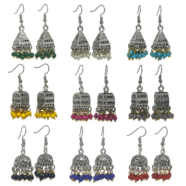 Oxidised_Silver_Traditional_Handmade_Jhumki_Combos_Nine_Pair_In_Nine_Different_Colors_Pearls_Three_Shaped,_Oxidized_Jhumkis_In_Dome,_Triangle_And_Palki_Shapes