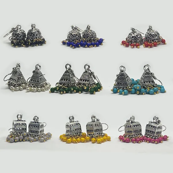 Oxidised_Silver_Traditional_Handmade_Jhumki_Combos_Nine_Pair_In_Nine_Different_Colors_Pearls_Three_Shaped,_Oxidized_Jhumkis_In_Dome,_Triangle_And_Palki_Shapes