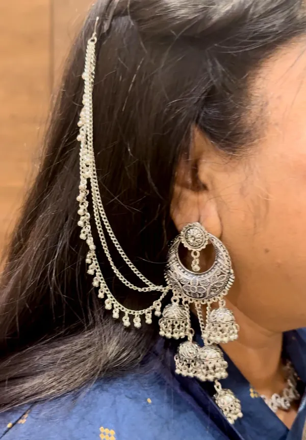 Oxidised_Silver_Oxidized_Traditional_Wedding_Earring_Chandbali_Design_Bahubali_Hair_Chain_Or_Kan_Chain_Ethnic_Earrings_Jhumka_For_Women_And_Girls