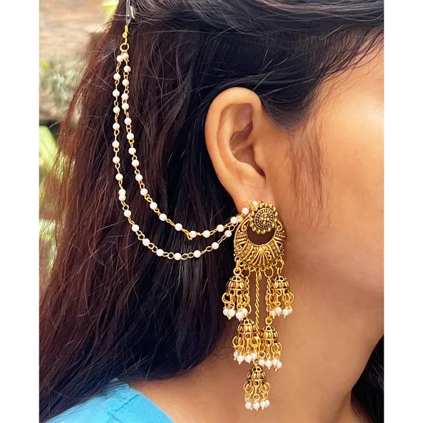 Antique_Gold_Golden_Chand_Bali_Design_Ear_Ring_With_Kan_Chain_And_White_Beads_Hair_Chain_For_Women_And_Girls