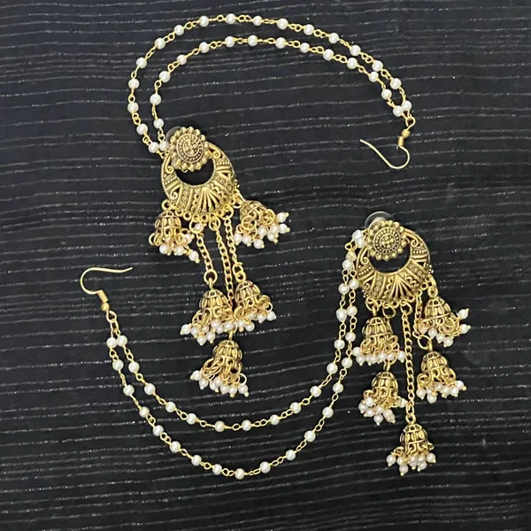 Antique_Gold_Golden_Chand_Bali_Design_Ear_Ring_With_Kan_Chain_And_White_Beads_Hair_Chain_For_Women_And_Girls