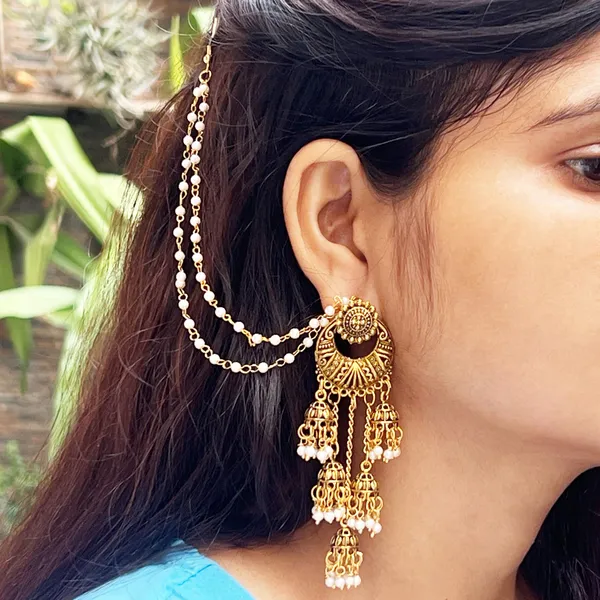 Antique_Gold_Golden_Chand_Bali_Design_Ear_Ring_With_Kan_Chain_And_White_Beads_Hair_Chain_For_Women_And_Girls
