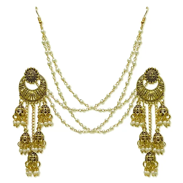 Antique_Gold_Golden_Chand_Bali_Design_Ear_Ring_With_Kan_Chain_And_White_Beads_Hair_Chain_For_Women_And_Girls