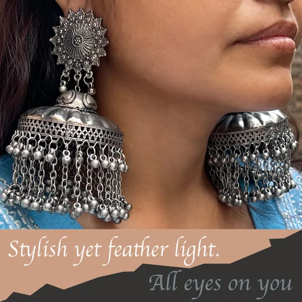 Oxidised_Silver_Ranjhana_Banjara_Jhumka:_Large_Eye_Catcher_Dome_Shaped,_Big_Size,_Lightweight_Comfortable_Earrings