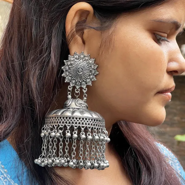 Oxidised_Silver_Ranjhana_Banjara_Jhumka:_Large_Eye_Catcher_Dome_Shaped,_Big_Size,_Lightweight_Comfortable_Earrings