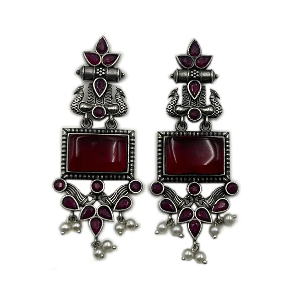 Maroon_Monalisa_Stone_Peacock_Earrings_-_Oxidized_Finish,_Brass,_Silver_Replica,_Exquisite_Oxidised_Peacock_Earring